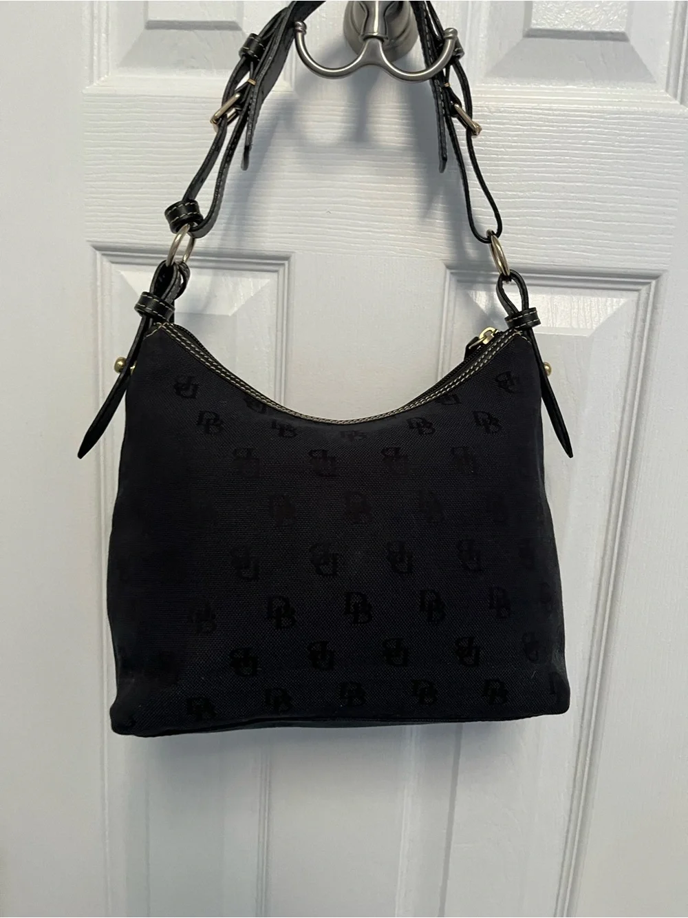 Dooney & Bourke black monogram canvas hobo handbag snap pockets Blue Duck READ